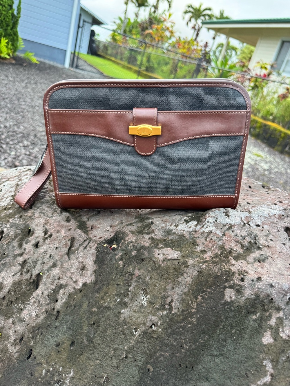 Alfred Dunhill London Vintage Leather & Canvas Clutch Wristlet Bag Tartan Lined
